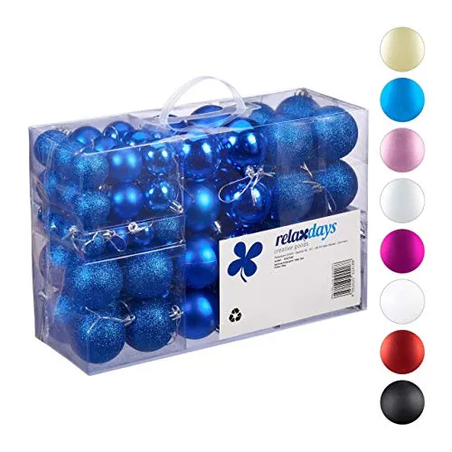 Relaxdays Palline di Natale, Set da 100 pz., Addobbi Natalizi, Opache, Lucide, Glitterate, ∅ 3,4 & 6 cm, blu