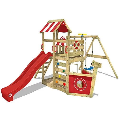 WICKEY Parco giochi in legno SeaFlyer Giochi da giardino con altalena e scivolo rosso, Casetta da gioco per l'arrampicata con sabbiera e scala di risalita per bambini