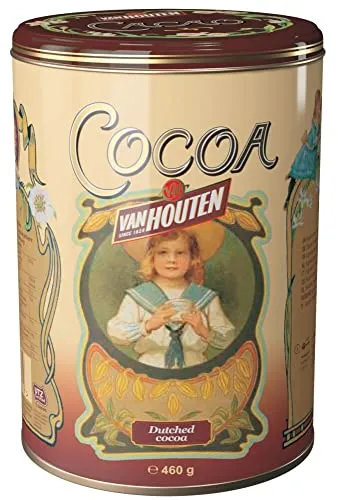 Van Houten Since 1828 Cocoa / Polvere di Cacao Ideale per Cioccolata Calda Conservato in Barattolo di Latta Decorato con Stampe in Stile Liberty - 1 x 500 Gram