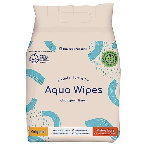 Aqua Wipes Originals Salviette per Neonati, (Sacchetto di 4 x 64 salviette (256 salviette)), AQW64F4B, Vegano, Biodegradabile, Senza Plastica, Acqua Purificata al 99,6%