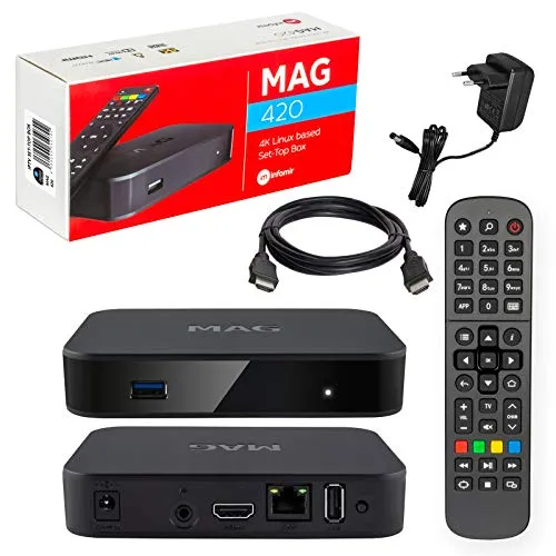 Mag 420 Original Infomir & HB-DIGITAL 4K IPTV Set Top Box Multimedia Player Internet TV IP Receiver # 4K UHD 60FPS 2160p@60 FPS HDMI 2.0# HEVC H.256 Supporto # Arm Cortex-A53 + Cavo HDMI