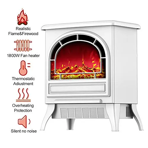 HUIDANGJIA Caminetto Elettrico, Camino Elettrico con Effetto Fiamma, 1800 W,Silenzioso, Protezione Surriscaldamento,Caminetto Elettrico è Inclinato Spegnimento Automatico,Telecomando (bianca)