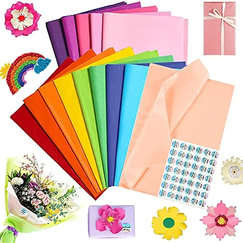 Fogli di Carta Velina Colorata, 42pz Carta Velina da Imballaggio di 14 Colori Carta da Regalo con Adesivo Grazie ecc, Carta Crespa Colorata per Confezioni Regalo, Riempitivi per Scatole - 50 x75 cm