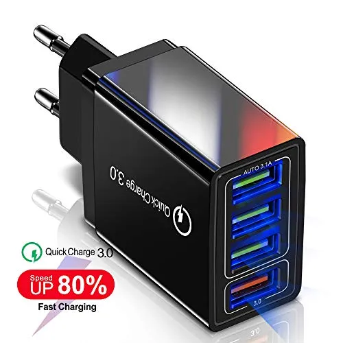 JUNKER Quick Charge 3.0 Caricatore USB da Muro, Carica Rapida da 4 Porte 3.1A Caricabatterie da Parete Tecnologia Smart-Adaptive di Ricarica Rapida per iPhone, iPad, Samsung Galaxy, Huawei, LG etc