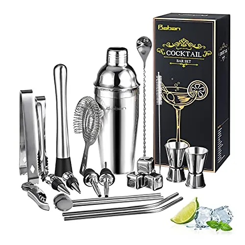 Baban Cocktail Shaker Set 22 Pezzi, Acciaio Inossidabile Shaker 550ml, con 4 Pezzi Pietra di Wisky, Professionale Kit da Barman, Perfetto Regalo per Amici e Genitori