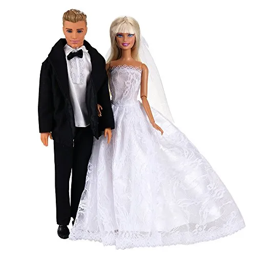 Miunana 2 PCS Tute per Matrimonio: Abito Nero per Bambola Ragazzo Sposo + Abito da Sposa per Bambola Ragazza Sposa