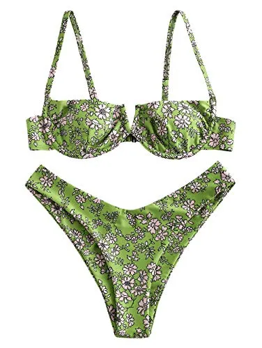 ZAFUL Bikini Frame Donna Sexy Costume da Bagno Due Pezzi Stampa Floreale Spaghetti Brestles (Colore A, L-EU 40)