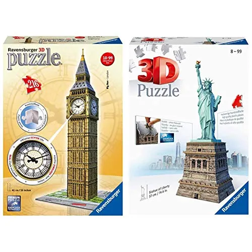 Ravensburger Italy Puzzle 3D Big Ben Con Orologio Funzionante, Multicolore, 12586 & 12584 - Statua Della LibertÀ Puzzle 3D Building Da 108 Pezzi