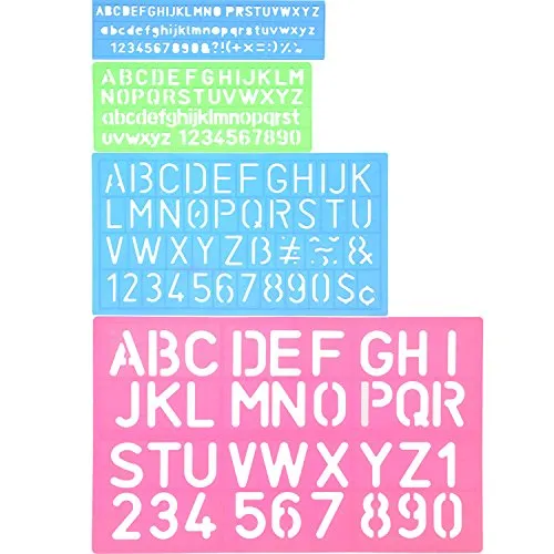 Shappy 4 Pezzi Lettering Stencil Alfabeto Lettera di Stencil Numero Righello di Mestiere Plastica Decorativi Guide di Stencil Set, Colori Assortiti