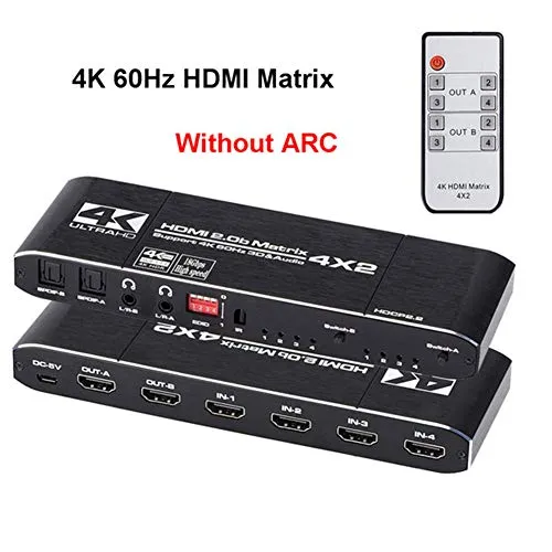 Red tide HDMI Matrix 4X2 4K @ 60Hz HDR Switch HDMI Splitter, 4 in 2 YUV 444 SPDIF Ottico + Jack da 3,5 Mm Audio Extractor HDMI Switcher,4k60hz Without Arc