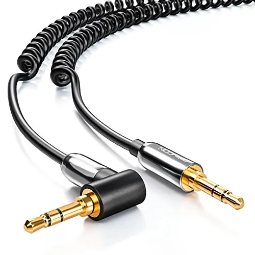 deleyCON 60cm Cavo Jack a Spirale - Audio Stereo - AUX - Spina Jack 3,5mm a Spina Jack 3,5mm Angolato di 90° - Spine Placcate Oro