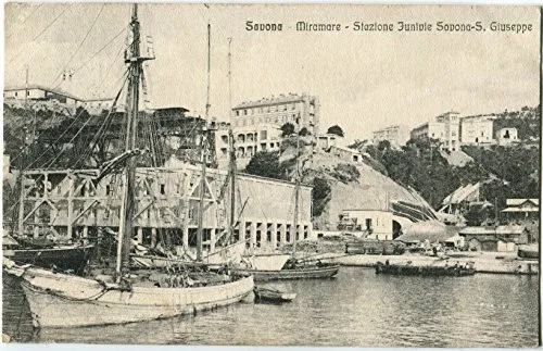 1919 Savona - Miramare Stazione Funivie Savona - S. Giuseppe, navi - FP B/N VG Cartolina Postale
