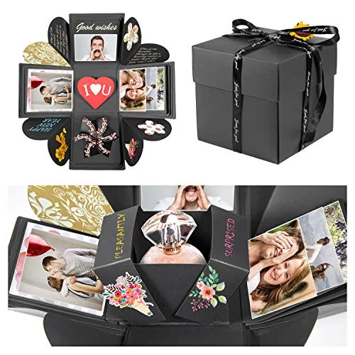 ZWOOS Explosion Box, Creativo DIY Scrapbooking Photo Album Gift Box, Fai da Te a Sorpresa Esplosione Regalo Scatola per Compleanno Wedding San Valentino Anniversario Festival di Natale (Nero)