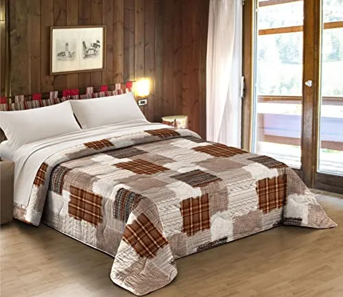 Tata Home Trapunta Invernale Fantasia Beige Imbottita 300 gr/mq Stampata in Morbida Microfibra di Poliestere Misura Letto 1 Piazza e Mezza 210x260 cm Dis. quadri marroni