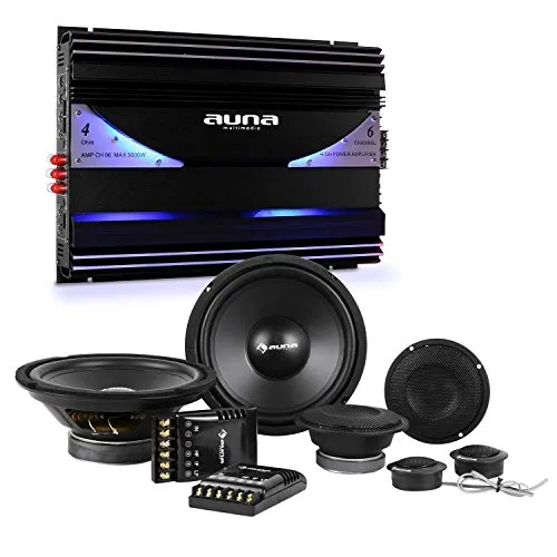 AUNA CS-Comp-8 - Set Impianto Hi-Fi Per Auto, Amplificatore 6 Canali, Set Casse altoparlanti, 2 x subwoofer e 2 x midrange da 1600 Watt, Amplificatore 570 W RMS e 5000 Watt max, Nero