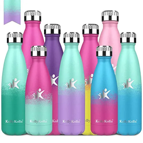 KollyKolla Bottiglia Acqua in Acciaio Inox, 500ml Senza BPA Borraccia Termica, Isolamento Sottovuoto a Doppia Parete, Borracce per Bambini, Scuola, Sport, Yoga, Palestra, Macaron Verde & Viola Chiaro