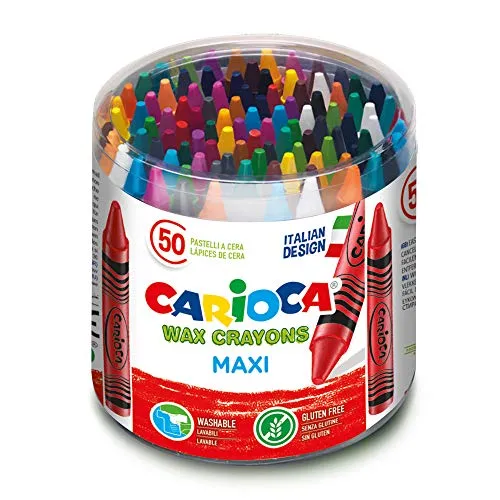 Carioca Pastelli Maxi Wax | Set Pastelli a Cera Lavabili con Corpo e Punta Maxi per Bambini, Colori Assortiti, 50 Pezzi