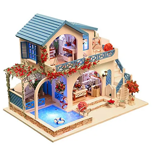 Decdeal DIY casa delle Bambole casa Creativa con Miniatura mobili Accessori Come Regalo di Compleanno Natale (Villa con laghetto Galleggiante)
