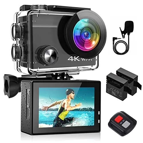Action Cam 4K Impermeabile 20MP Fotocamera On Board Camera 40M Fotocamera Subacquea per Vlogging Telecomando Ultra HD 170° Grandangolare WiFi 2 Batteria Kit Accessori Schermo LCD da 2,0 pollici