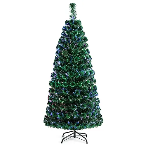 COSTWAY Albero di Natale Illuminato Albero di Abete Artificiale, con Fibra Ottica Cambia Colore, Verde (180cm)