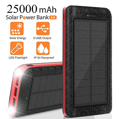 AMAES 25000mAh Solare Caricabatteria Portatile Caricatore Mobile Batteria Esterna 5V / 2.1A Caricabatterie Rapido per Cellulare, IPX5, Power Bank con Torcia SOS per Viaggi, Campeggio