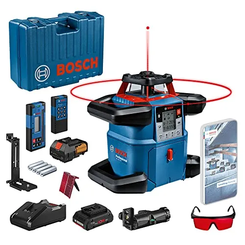 Bosch Professional 18V System Livella laser rotante GRL 600 CHV (1 batteria 18V, 4Ah + caricabatteria, Connect, portata 600 m (diametro), in valigetta), Blu