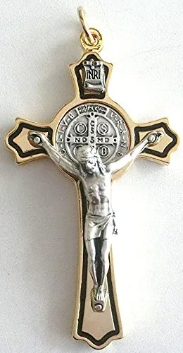 GTBITALY 10.024.21 Croce di San Benedetto 8 cm Sagomata Oro con Smalto Riga Bianco con Anello Saint Benedict esorcismo