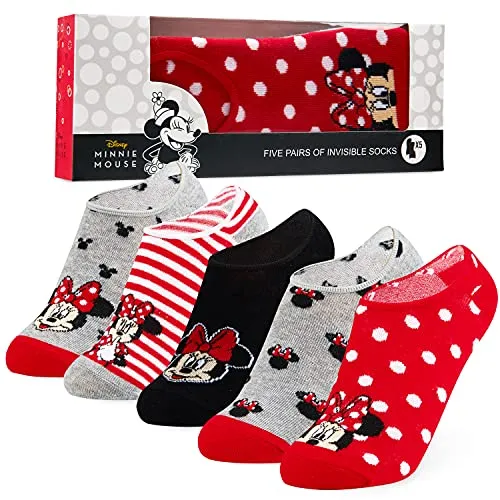 Disney Calzini Donna Fantasmini, 5 Paia Calze Donna Invisibili di Minnie, Gadget Originali (Grigio/Rosso)