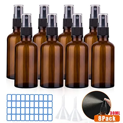 O-Kinee Bottiglie di Vetro Ambrato 8 pcs Flacone Spray di Bottiglie Da Viaggio Contenitore Riutilizzabile per Spray, Cosmetici, Aromaterapia, Medicina, olio Essenziale,Profumo (30ml)