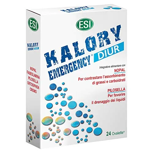 ESI - Kalory Emergency Diur, Integratore Alimentare Con Nopal E Pilosella, Favorisce Il Drenaggio Dei Liquidi E Contrasta L'Assorbimento Di Grassi E Carboidrati, Senza Glutine, 24 Ovalette
