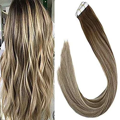 Sunny Extension Capelli Veri Biadesivo - 20pcs Non Trasformati Veri 14"/35cm 50g Balayage Extension Adesive Marrone con Biondo Dorato Chiaro 8/26/8# Capelli Umani