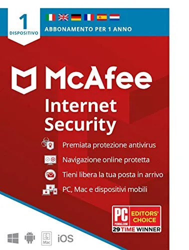 McAfee Internet Security 2020 1 Dispositivo, 1 Anno, Software Antivirus, Gestore di Password, PC/Mac/Android/iOS, Edizione Europea, Codice di attivazione via posta