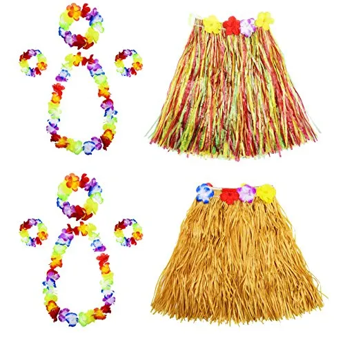 FLOWOW Gonna in Erba con Fiori Leis Costume Set, Elastico Luau Erba e Hawaiano Fiori Braccialetti, Fascia per Capelli, Collana per Festa Favori, 2 Set