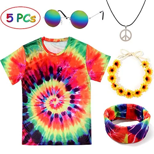 Tacobear 5Pezzi Hippie Accessori Hippie Occhiali Hippie Collana Hippie T Shirt Hippe Fascia Hippie Girasole Cerchietto Hippie Costume per Donna Uomo Festa Party Carnevale (L)