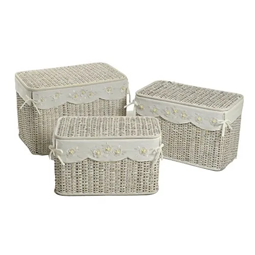 Baule in Rattan Grande sbiancato Oliver con fodera Bianca a Fiori rettangolare - 65 x 41 x 44 h cm - Vacchetti