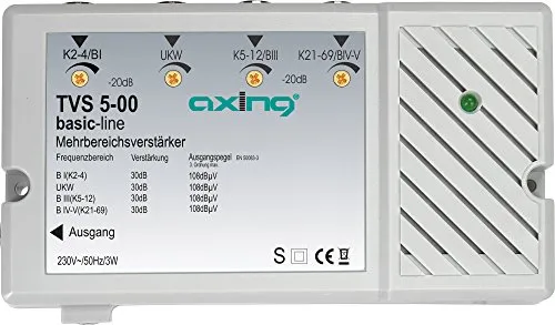 Axing TVS 5-00 amplificatore 30 dB per digitale terrestre antenna tv e radio (FM e DAB), 4 ingressi FM, VHF1, VHF3, UHF