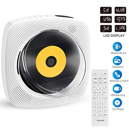 Lettore CD Bluetooth, FOCHEA Lettore Musicale CD Montabile a Parete e Supporto da Scrivania Portatile, Incorporato con altoparlante HiFi, Radio FM con Telecomando, Jack per cuffie da 3,5 mm