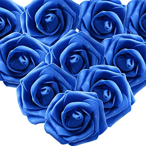 MEJOSER (Dia. 7cm) 50 Pezzi Rose Finte Teste di Fiori Artificiali Sposa Decorazione Matrimonio Nuziale Festa Casa Fai da Te (Blu Reale)