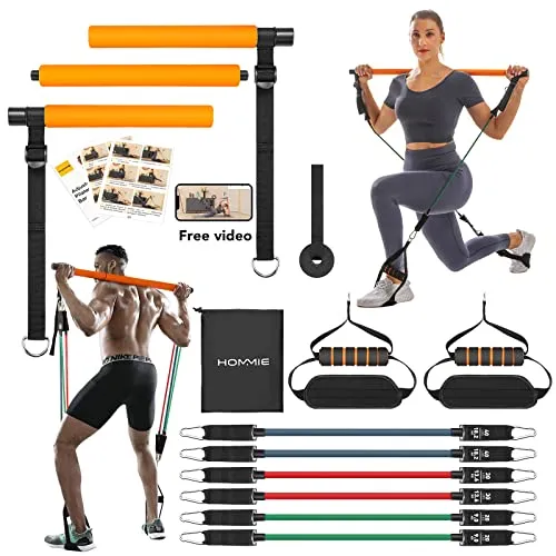 Hommie Kit Barra per Pilates,Barra da Pilates Portatile con fascia di resistenza e anelli per i piedi,Kit per Barra di Pilates per Allenamenti Fitness,Yoga,Stretching,Allenamento per Glutei Squat