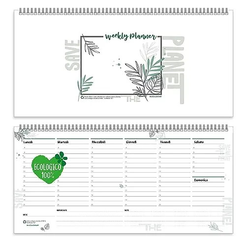 Planner Settimanale da Tavolo SPIRALATO Green Perpetuo senza date in Carta ECOLOGICA 100% - Planning Settimanale da Scrivania - Agenda da Tavolo Perfetta per Time Management (14,5x32)