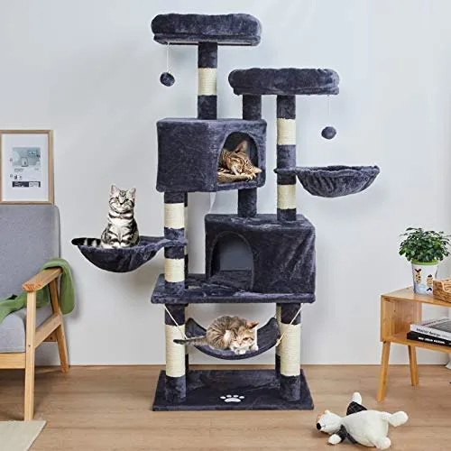 MSmask Albero tiragraffi per gatti di grandi dimensioni, 145 cm, stabile e multi livelli, piattaforma per gatti grandi con grotta grande, tronchi in sisal, albero tiragraffi per gatti (grigio scuro)