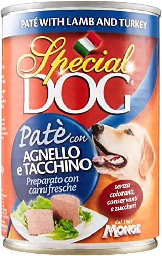 24 Lattine Special Dog Monge 400g Patè Gusti Vari con 1kg di Nutri Riso Sottovuoto Omaggio (Agnello e Tacchino)