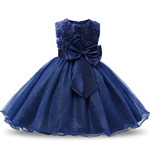 NNJXD Ragazza Gonna a Fiori in Pizzo 3D Senza Maniche Vestito da Principessa delle Feste Taglia(90) 1-1.5 Anni Blu Scuro