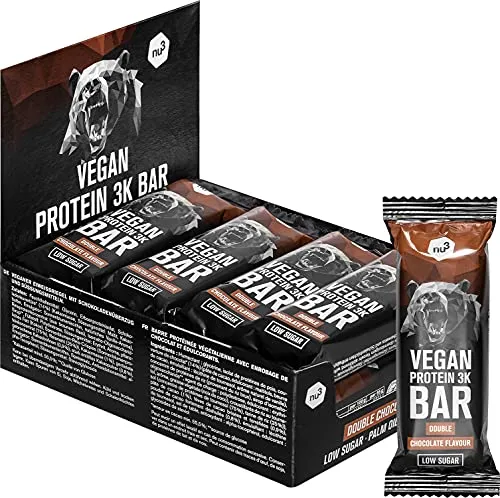 Barretta proteica vegana 3K – Protein Bar al gusto doppio cioccolato - Confezione da 12 x 65 g - 28% di proteine vegetali - Senza soia e glutine - Solo 1 g di zucchero per porzione – di nu3