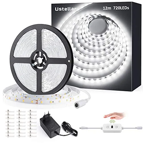 12M LED Striscia 720 LEDs SMD2835 Dimmerabile, Ustellar 3600lm Luce Nastro Flessibile Regolabile Bianco Diurno 6000K Luminoso Flessibile 24V, Striscia LED Adesive per Interne, Cucina, Camera, Sala