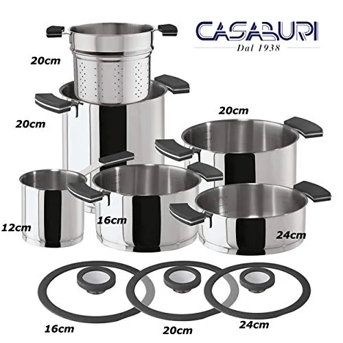 SAMBONET. 12 o'clock Grey Batteria do 9 Pezzi (Pentola Alta cm 20 -cestello Pasta cm 20 - casseruola cm 16 -casseruola cm 20- tegame cm 24 -bollilatte cm 12-3 coperchi 1 x cm 16-cm 20 - cm 24