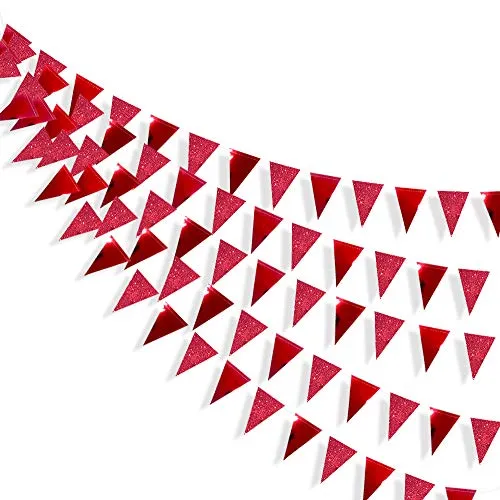 30Ft Triangolo Rosso Bandiere Banner Doppio lato Carta Metallizzata Gagliardetto Stamina Ghirlanda per Matrimonio Baby Bridal Shower Compleanno Addio al Nubilato Anniversario Forniture per Feste