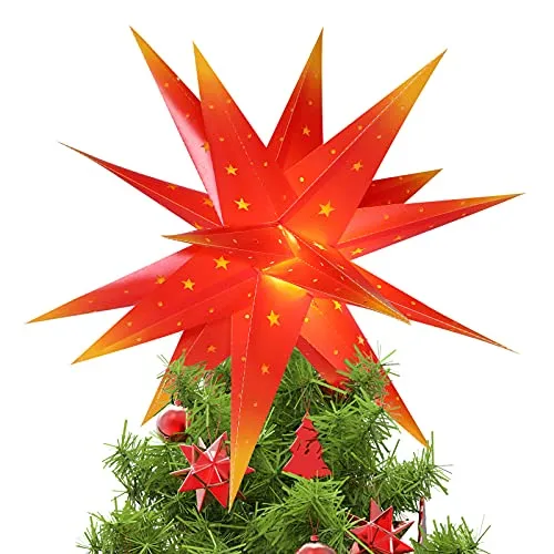 Qijieda 3D Puntale Albero Natale Luminoso - 18 inch Batteria da Esterno a LED con Luce a Stella di Natale con Timer, Puntale Albero di Natale Usato per Decorare Alberi di Natale,Balconi(Red-Yellow)