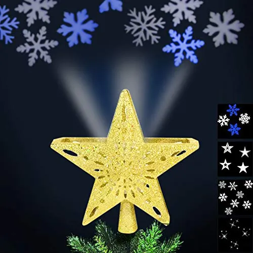Puntale con Proiezione Luci a LED su Soffitto per Albero di Natale Forma Stella 4 Giochi di Luce Dimensioni 24 x 7 cm (Oro)
