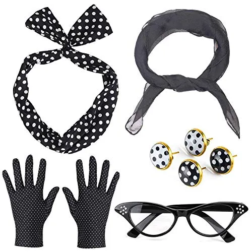 Beelittle Set di Accessori per Costume da Donna Anni '50 Sciarpa di Chiffon Guanti a Pois Bandana Cravatta Orecchini a Fascia Orecchini a Forma di Occhio di Gatto retrò (Nero)